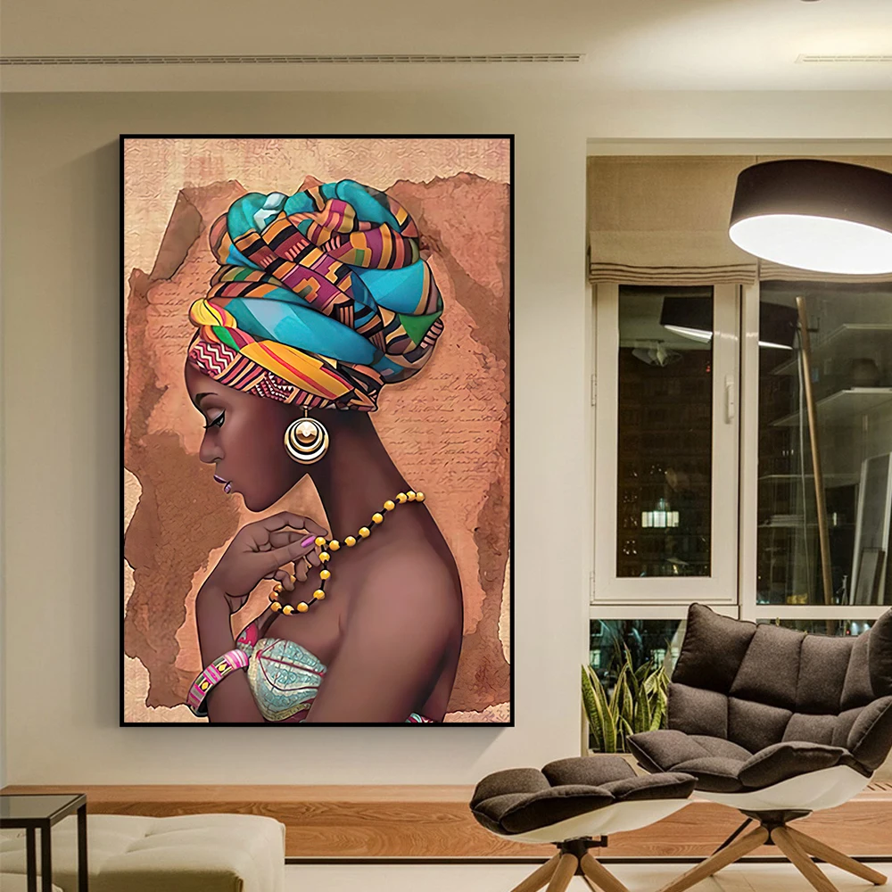 

Modern African Woman Wearing a Pearl Necklace Posters and Prints Canvas Art Wall Portrait Painting for Room Cuadros Home Decor