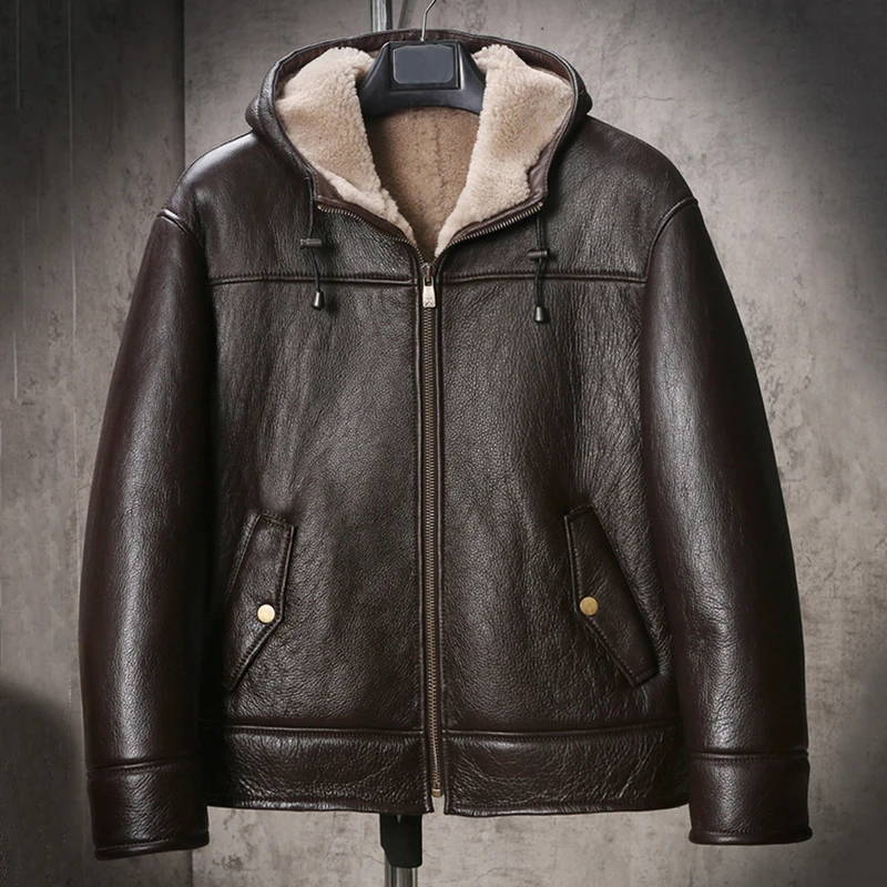 New Mens B3 Shearling Jacket Short Motorcycle Jacket Hooded Sheepskin Coat Thicken Fur Coat Brown Leather Jacket