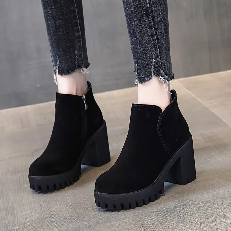 Autumn and Winter New THICK HEEL ANKLE BOOTS BLACK HIGH HEEL Short Boots Thick Heel Women\'s Boots and Velvet Thick Boots