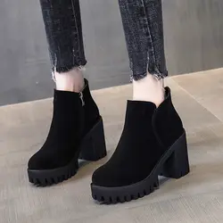 Autumn and Winter New THICK HEEL ANKLE BOOTS BLACK HIGH HEEL Short Boots Thick Heel Women's Boots and Velvet Thick Boots