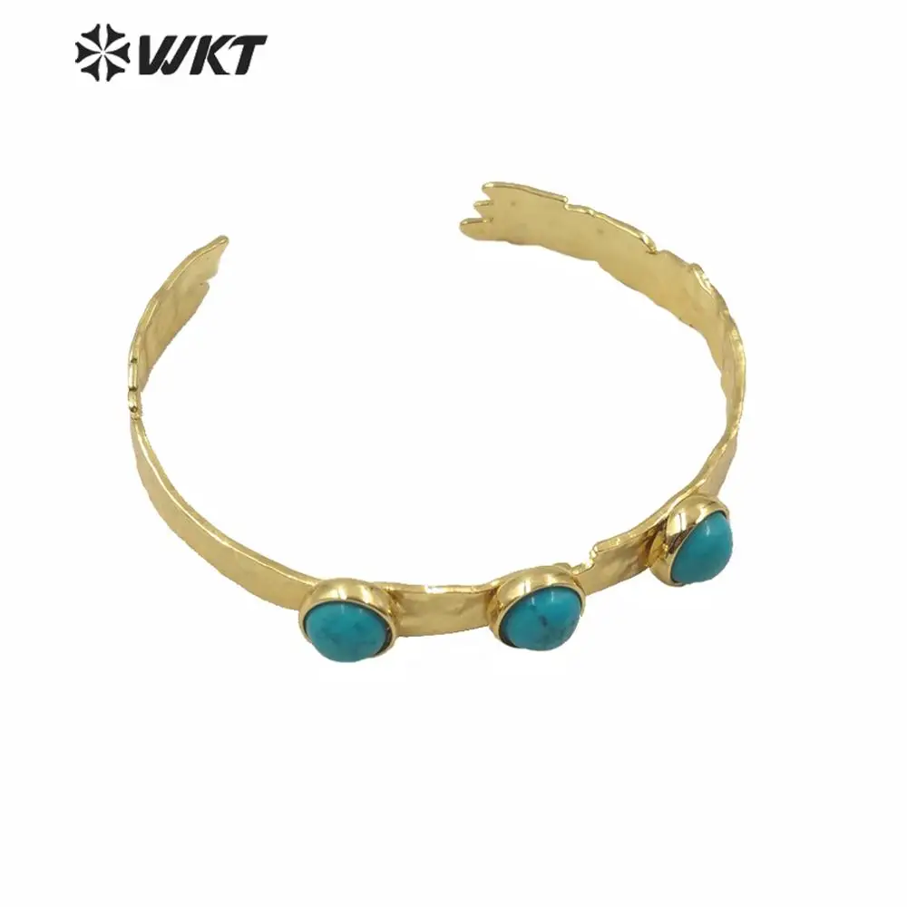 

WT-B553 Fashion Green Beads Gold Color Bangles Natural Stone Cuff Bracelets Bangle for Women triple stone turquoises bangle