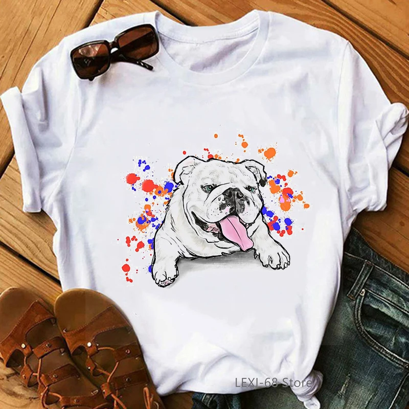 Aquarel Bulldog/Chihuahua/Mops/Teddy/Labrador Animal Print T-shirt Vrouwen Grappige Hond Met Kroon tshirt Femme Wit T-Shirt Tops