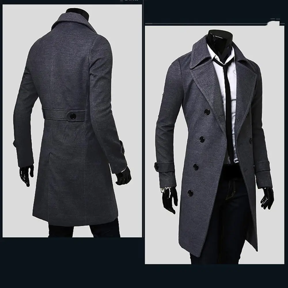 Chaqueta larga de otoño para hombre, cortavientos ajustado de alta calidad, color sólido, doble botonadura, marca de moda