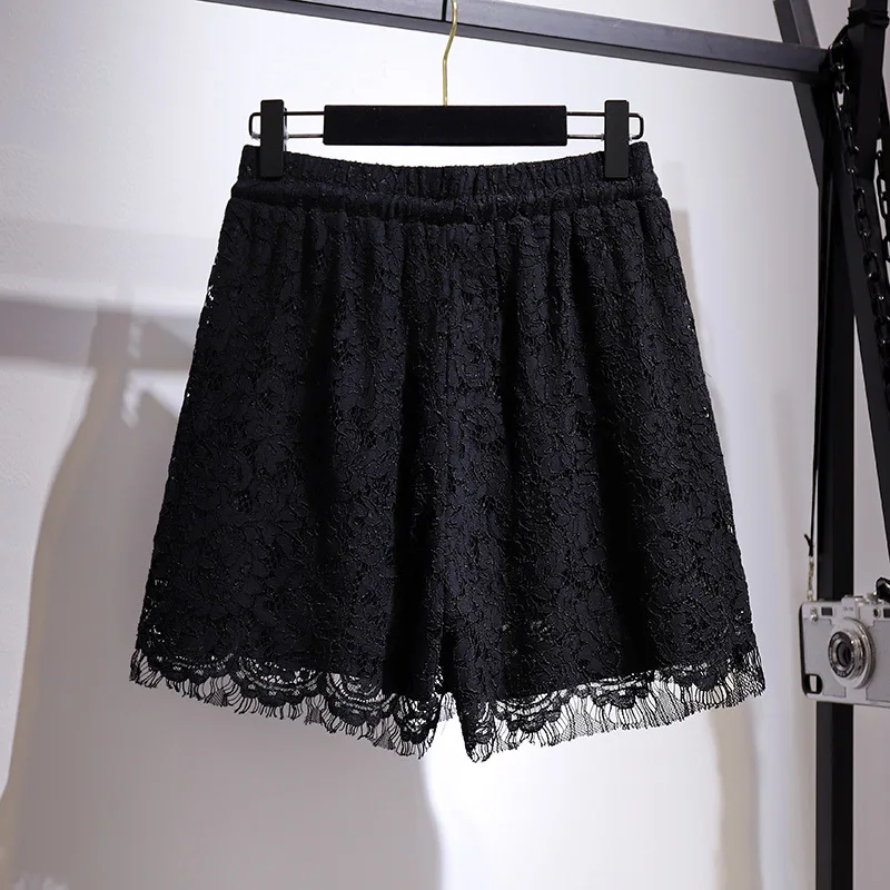 New 2021 Ladies Summer Plus Size Women Clothing Shorts For Women Large Loose Black Wide Leg Pocket Belt Lace Shorts -