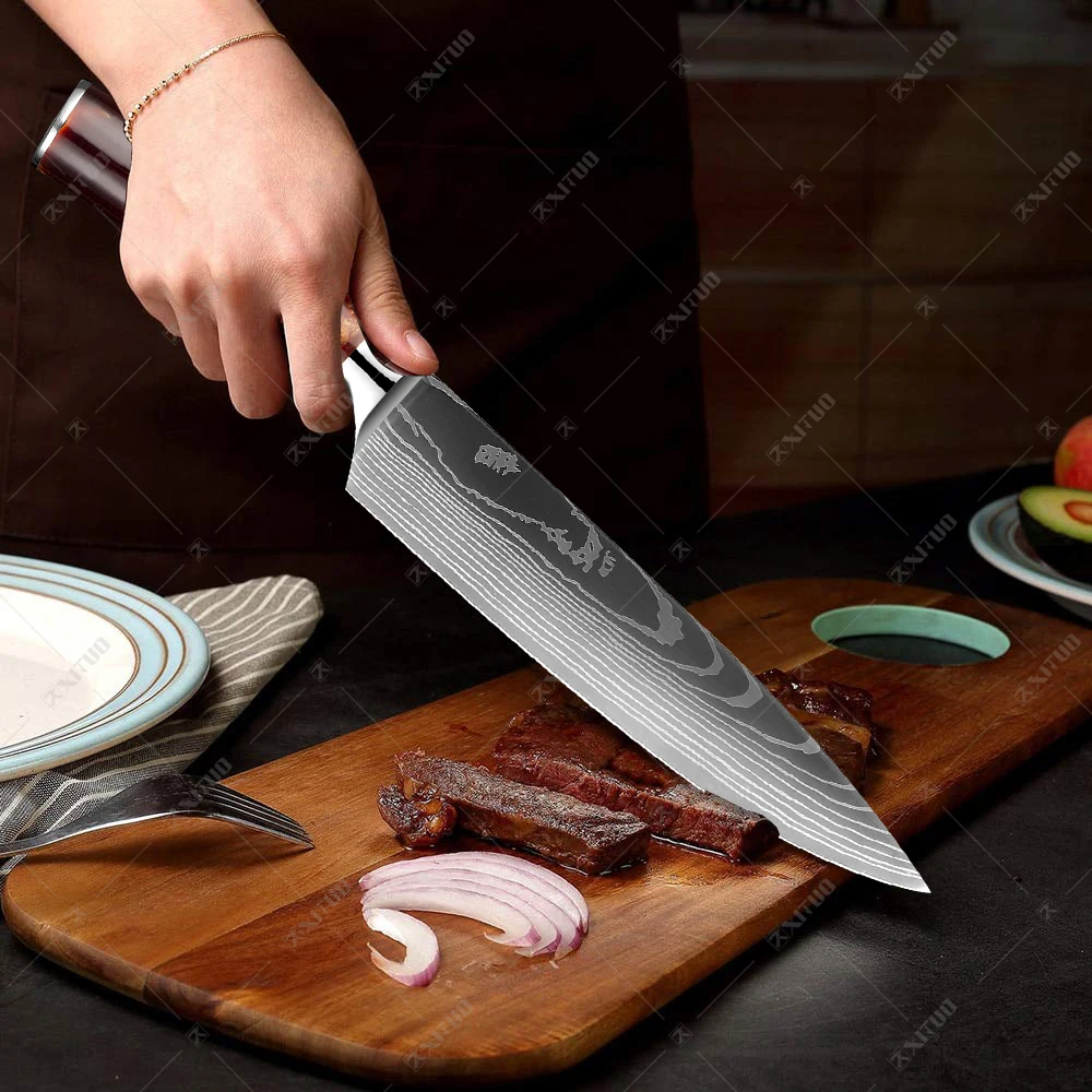 XITUO 1-10Pcs Kitchen Knives Set Laser Damascus Chef Knife Sharp Santoku Bone Fruit Slicing Knife Utility Knife Resin Handle