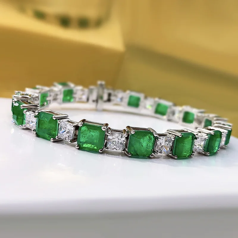 925 Sterling Silver 7*7mm Square Covered with Created Moissanite Emerald Bracelet Retro Women Temperament Fine Jewelry 2021 New