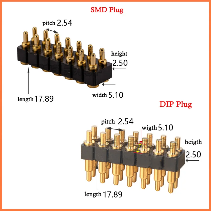 2pcs SMD/DIP Spring Loaded Pogo Pin Connector 14 Pin 7.0 mm Height PCB Through Holes Dual Row 2.54 mm Pitch 2x7 Position Gold