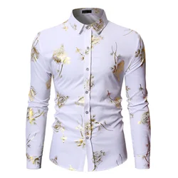 Camisa estampada em folha dourada de luxo masculina, camisa floral rosa branca, boate casual, camisa de baile, nova, outono, 2023