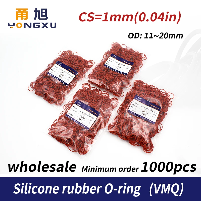 

1000PCS/lot wholesale Red Silicon Oring Silicone/VMQ 1mm Thickness OD11/12/13/14/15/16/17/18/19/20mm O Ring Seal Rubber Gasket