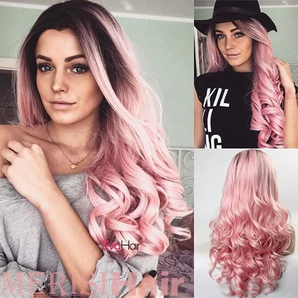 Groen Roze Ombre Lange Golf Pruiken Centre Afscheid Roze Losse Krullend Pruik Volledige Pruik Cosplay Halloween Kostuum Accessoires