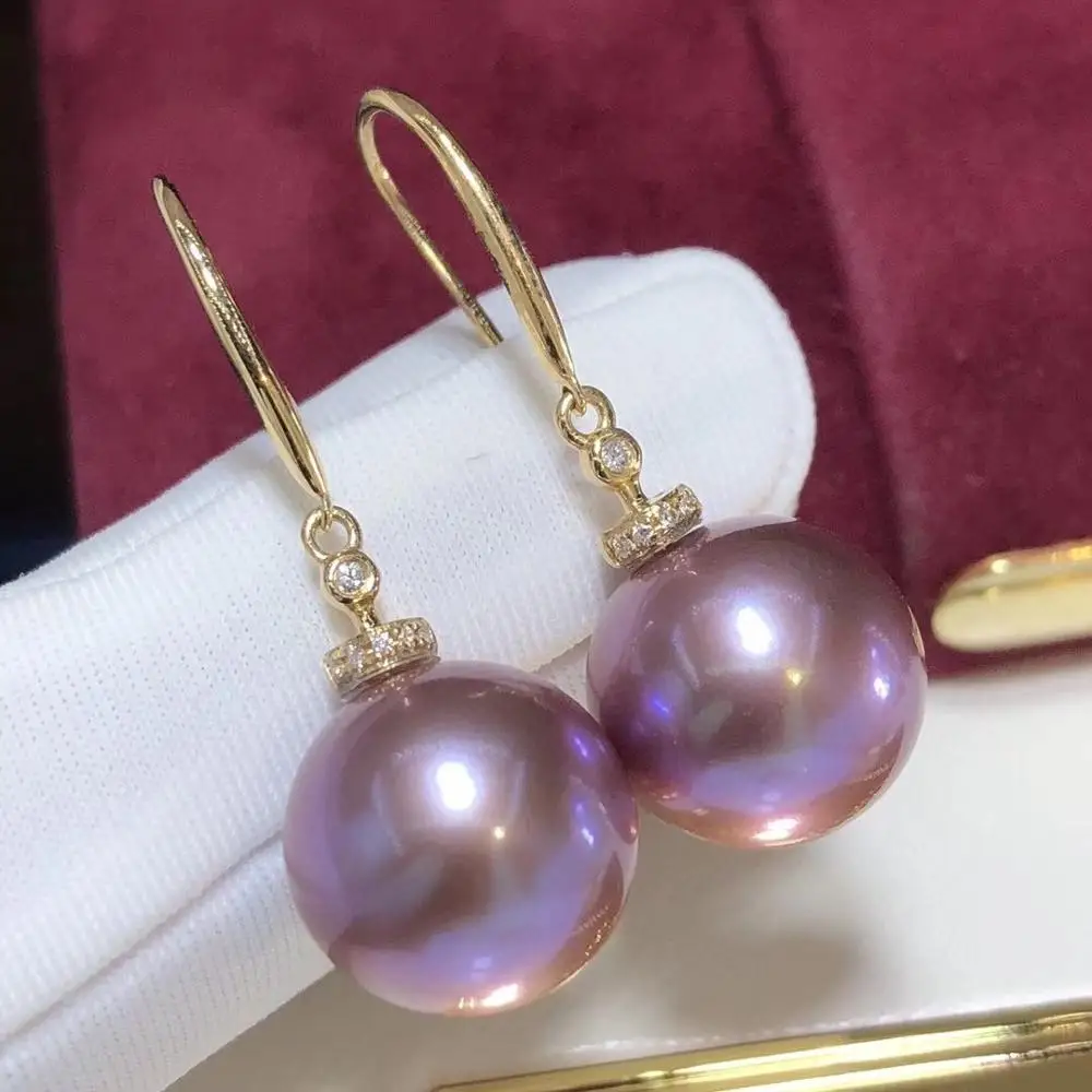 D307 Fine Jewelry Pure 18 K Gold Diamonds 10-11mm Natural Fresh Water Purple Pearls Earrings for Women Fine Pearl Earrings