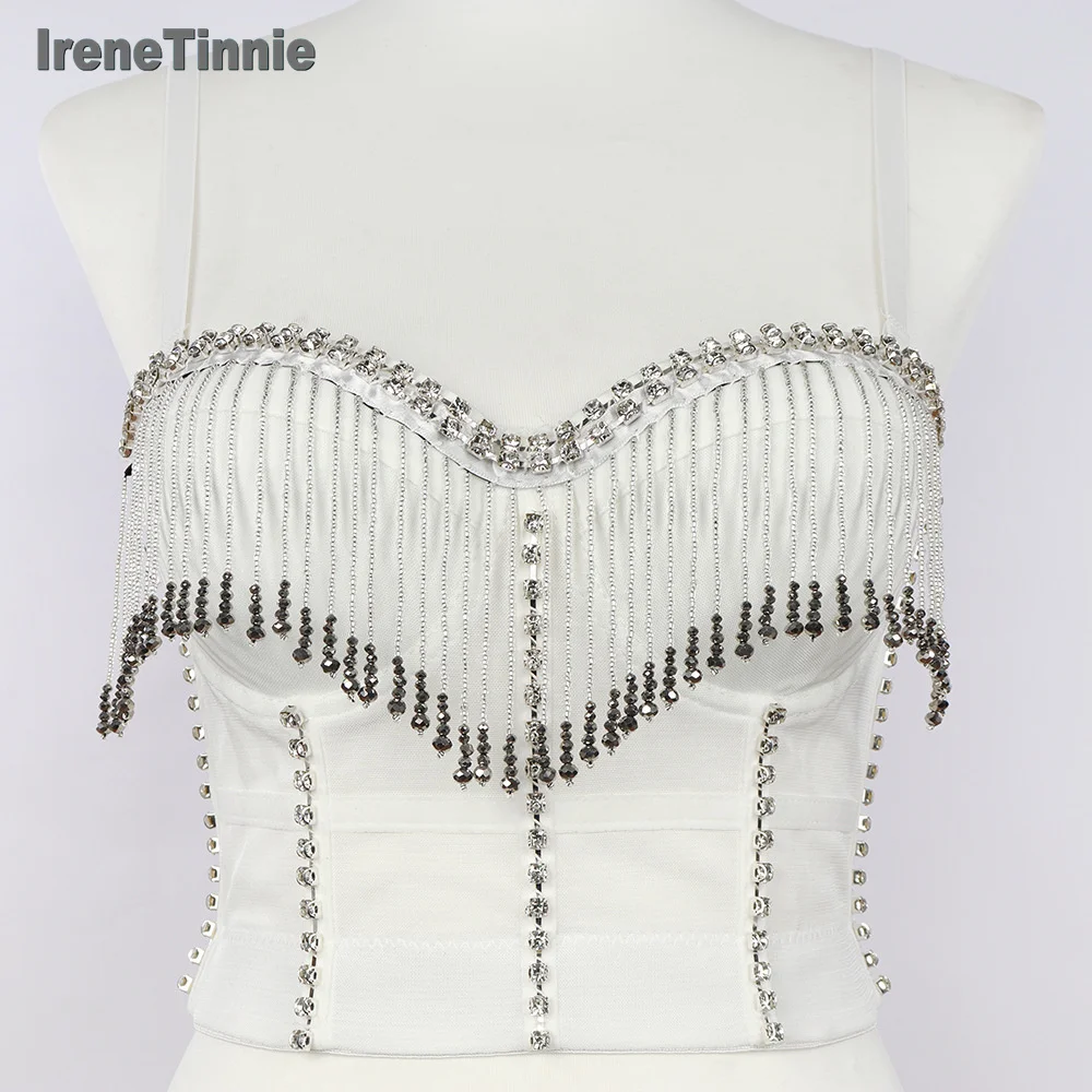 

Irene Tinnie New Fashion Women Tassel Rhinestone Camisole Sexy Padded Nightclub Dance Sleeveless High Waist Bustier Crop Tops