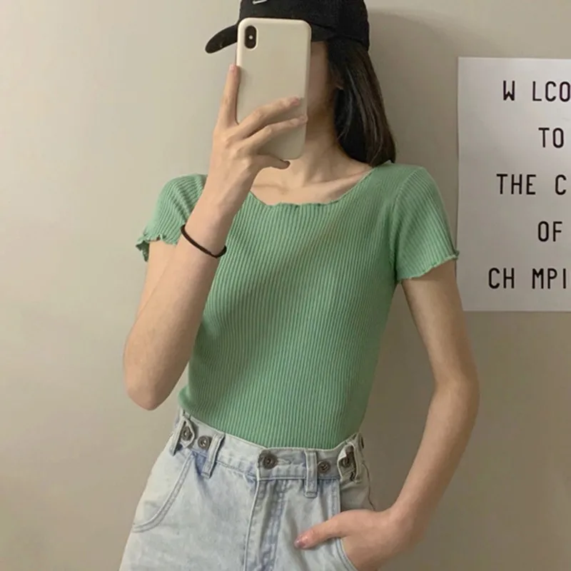

DAXIN Women Ruffles Tee shirt Fashion O-Neck Solid Short Sleeve Knitted Tee Top Girl Slim Pullover T-Shirt