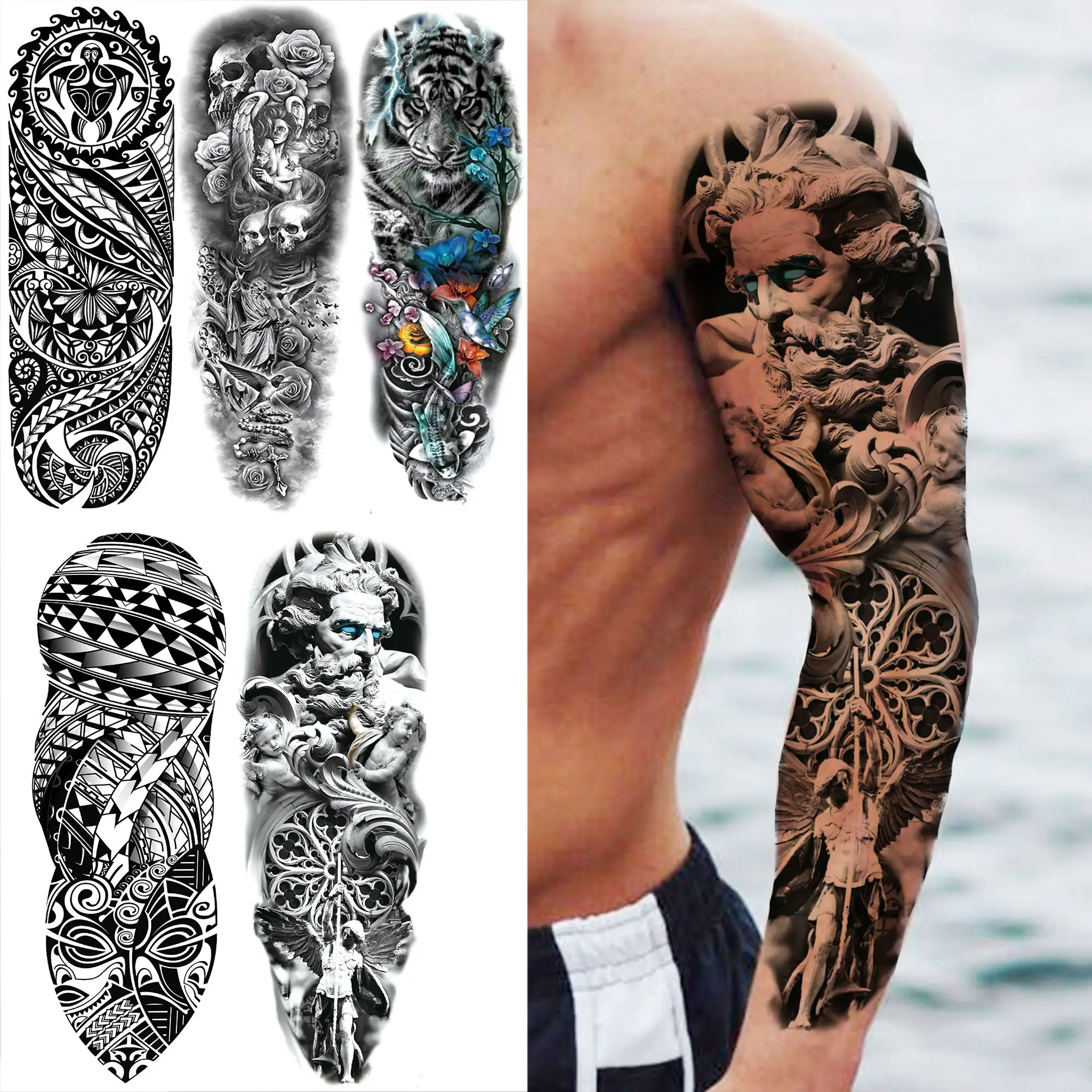 Tatouages Temporaires à Manches Complètes pour Homme et Femme, Faux Tatouage Maori, Tête de Tigre, Tortue de Mer, Transfert d'Eau, Grand, Dieu, Ange