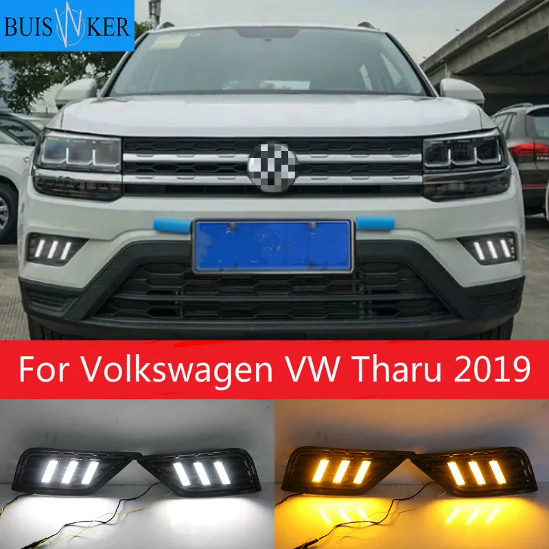 

1Pair LED DRL Daytime Running Light Daylights For Volkswagen VW Tharu 2019 With Yellow Turn Signal Fog Lamp Cover night blue