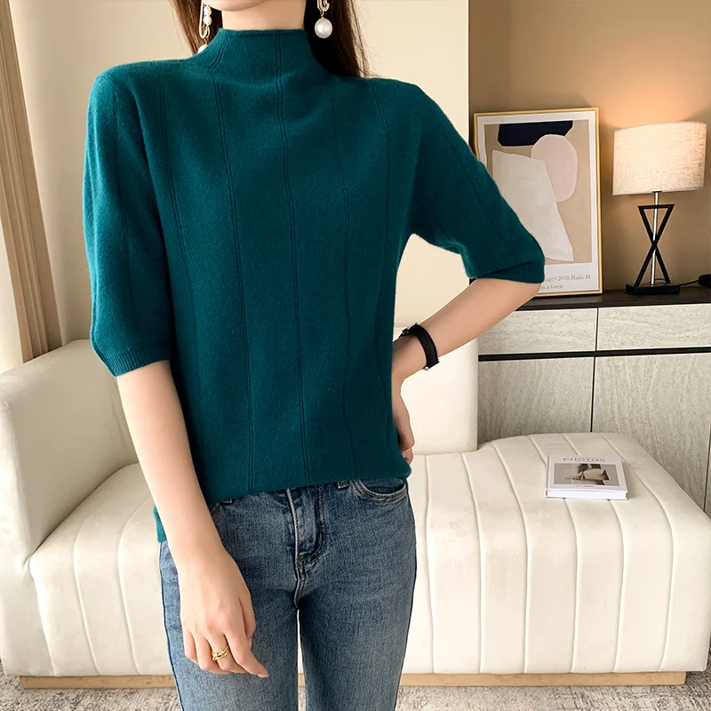 100% Pure Wool Half-sleeved Sweater Autumn Spring New Fashion Women Half High Neck Pullover Casual Knitted Tops Women Sweater