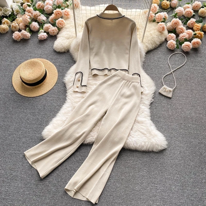 Fashion Brief Temperament Knitted Pants Two piece Casual Set Women Braided trim Gold Button Cardigan Sweater and Pants Suits