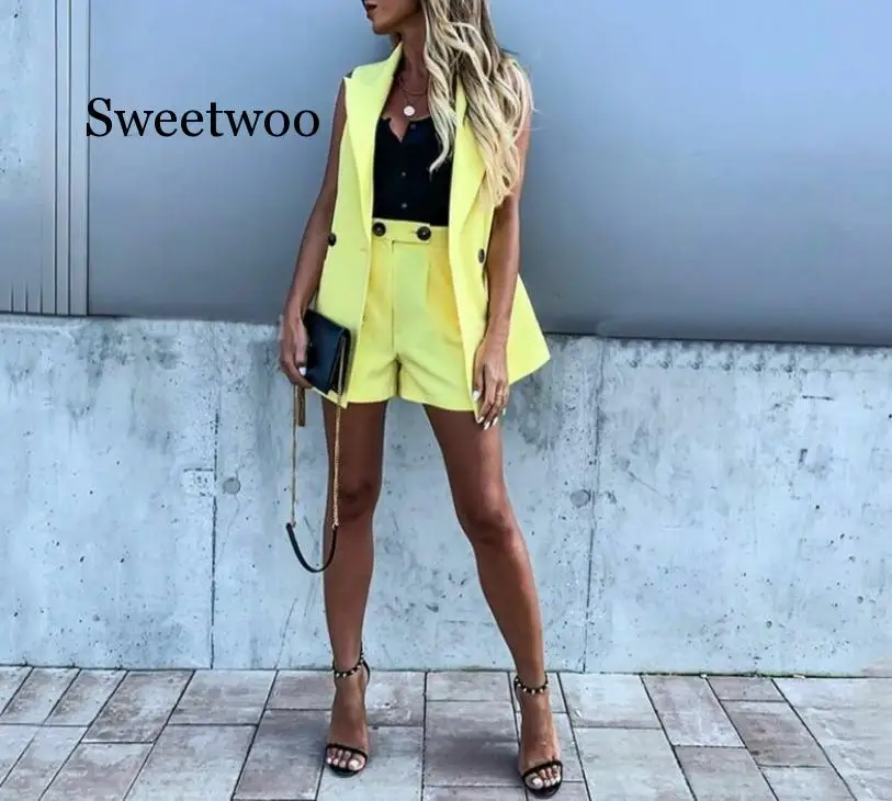 2020 Fashion Pocket Button Set Women Two-Piece Shorts And Sleeveless Coat Sets Female Blazer Vest Coat Suits