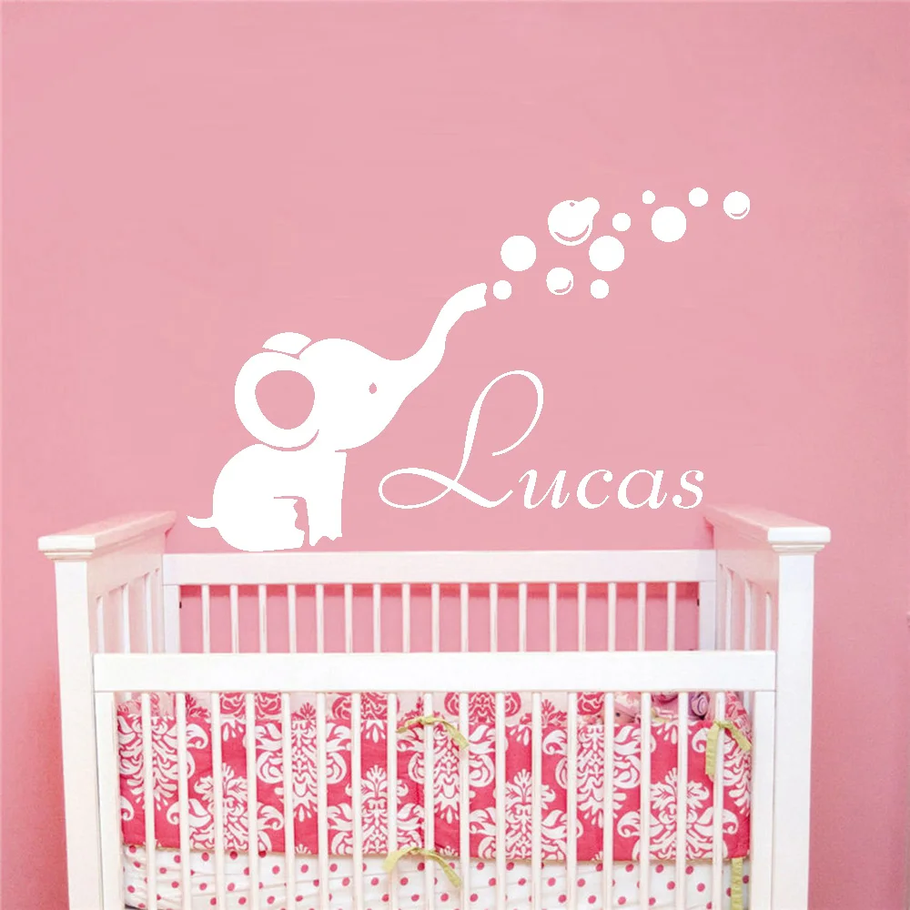Kids Room Wall Stickers Cute Elephant Personalized Name Wall Decor Baby Room Removable Vinyl Nursery Interior Wall Decals Y444