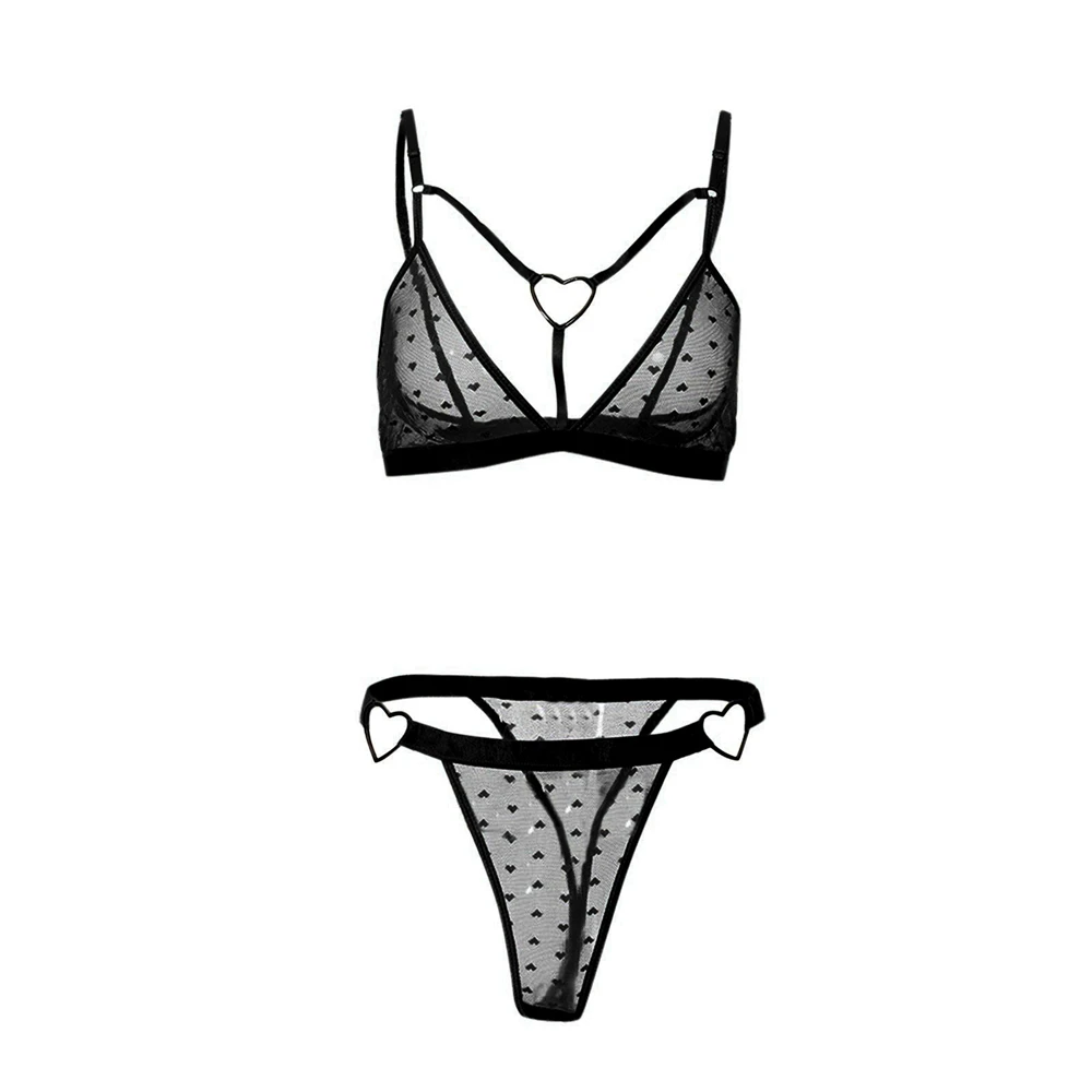 Lenceria Sensual Mujer Erotic Lingerie Lace Bra Panties Underwear Set For Women See Through Love Heart Hollow Out Fishnet Sets