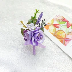 Fioletowy Groom Boutonniere przypinki ślubne broszka kwiaty sztuczne róże Groomsman dziurka kwiat małżeństwo akcesoria D