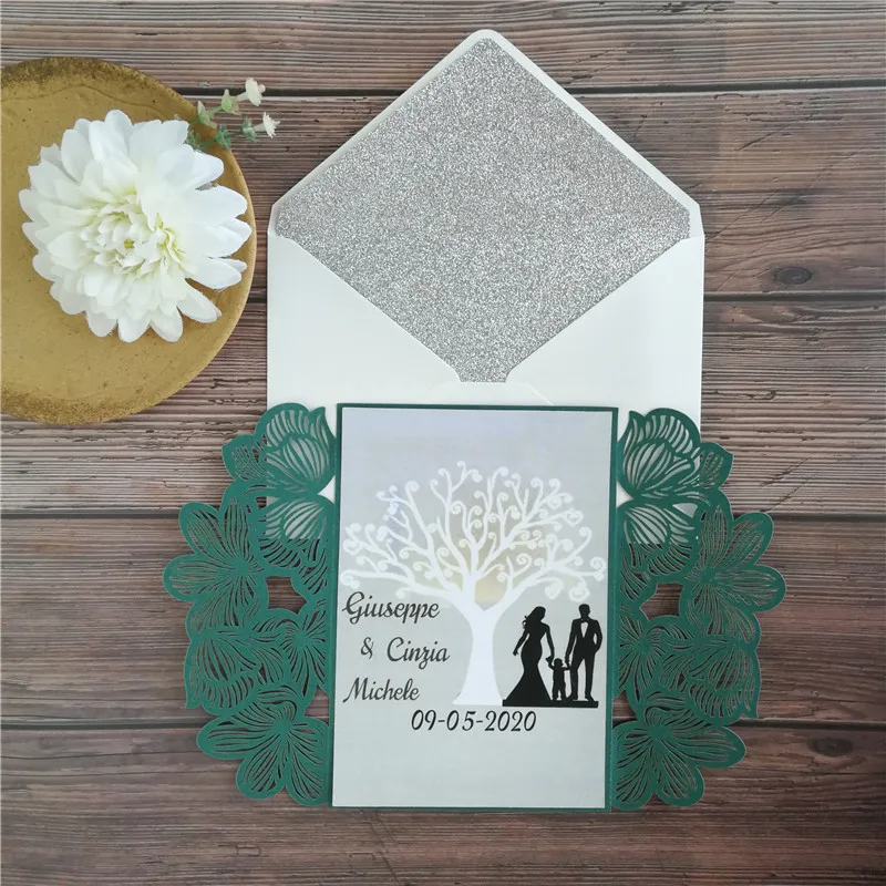 

Laser cut party invitation set dark green invites with glitter silver envelop custom design