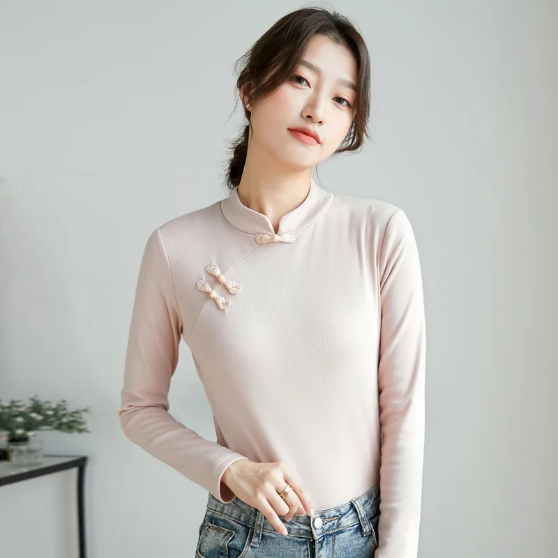 2022 Spring Autumn Long Sleeve Top T Shirt Women Stand Collar Chinese Style Clothes Fashion Tees Cotton Sanding Tee Shirt Femme