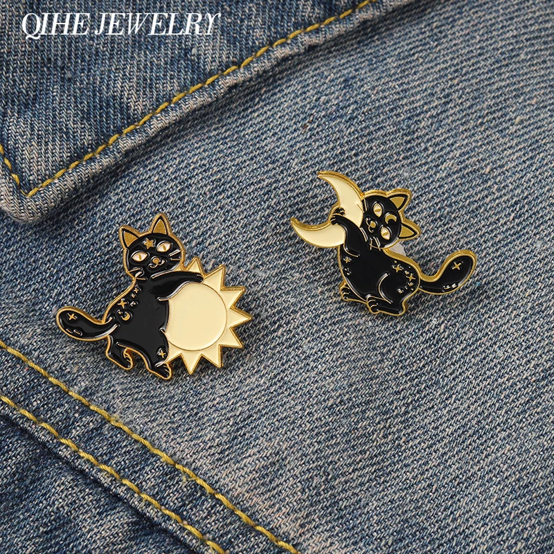 Cartoon Black Cat Moon Sun Enamel Pins Punk Gothic Brooch Lapel Badge Clothes Backpack Hat Metal Brooch Halloween  Jewelry Gift