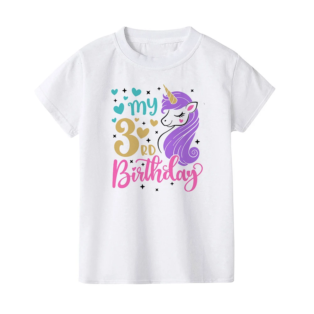 Cartoon Unicorn Printed Kids Girls Summer Birthday T-shirts Short Sleeve T Shirt Size 1-8 Year Children Party Clothes Tees Tops