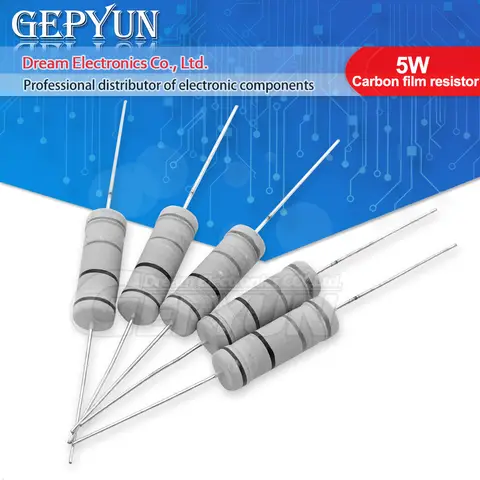 10pcs 5W 탄소 필름 저항기 5% 1R ~ 1M 2.2R 10R 22R 47R 51R 100R 150R 470R 1K 4.7K 10K 47K 10 22 47 51 100 150 Ohm