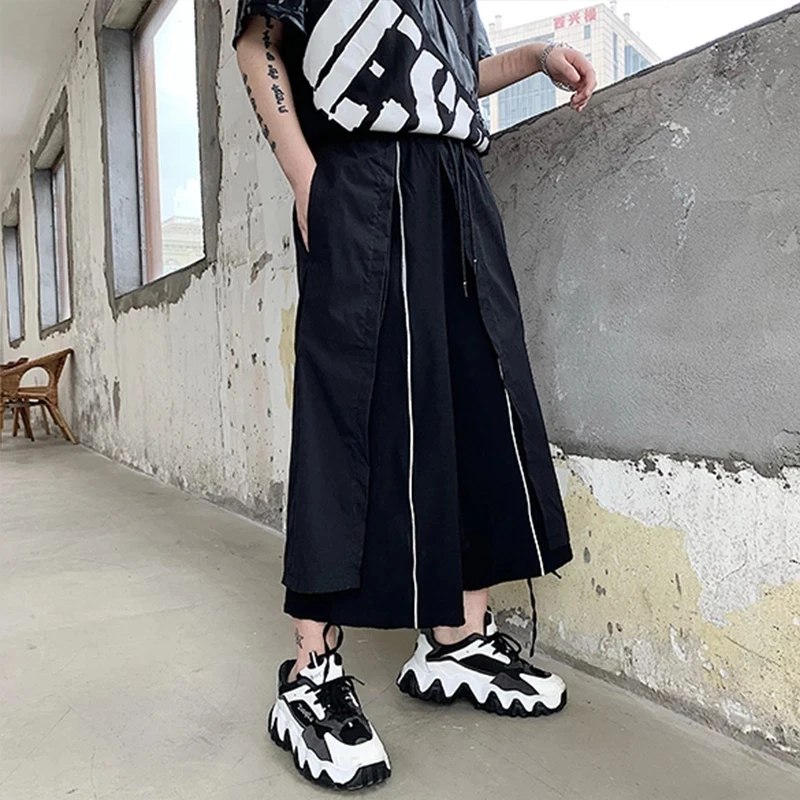 

Men's Wide Leg Pants Summer New Personality Stitching Dark Hair Stylist Style Fashion Casual Loose Large Size Nine Minutes Pants