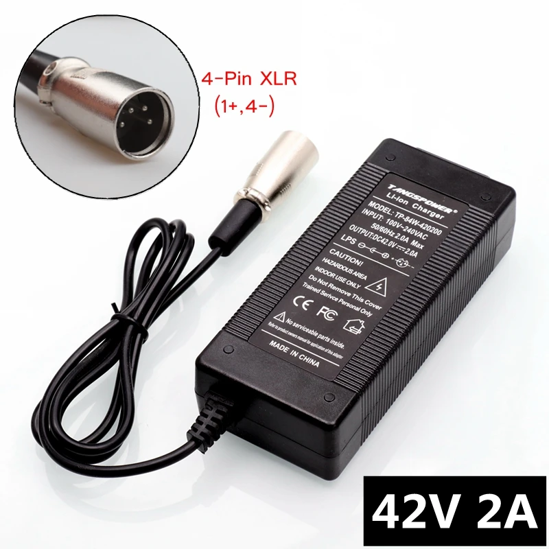 Cargador de batería de litio de 42V y 2A para paquete de batería de iones de litio de 36V, cargador de 84W con conector XLR de 4 pines, ánodo y