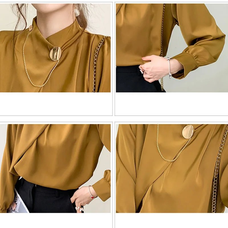 Vrouwelijke Knop Chiffon Lange Mouw 2021 Herfst Nieuwe Blouse Satijn Vrouw Royal Blauw Geel En Wit Solid Elegant Blusas 1311