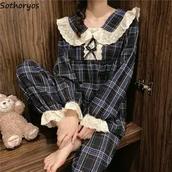 Women Long Sleeve Plaid Pajama Sets Sweet Princess Lace Turn Down Collar Cute Sleepwear Korean Lounge Two Pieces Pyjamas Female