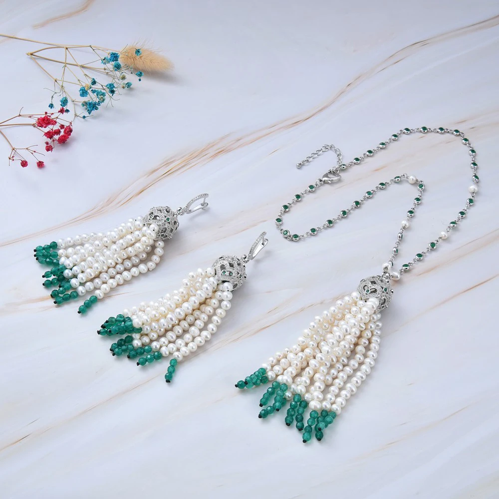 Jewelry Naural White Pearl Green Agates Pendant CZ Chain Necklace Earrings Sets Cute Style For Lady Women Gift Jewelry