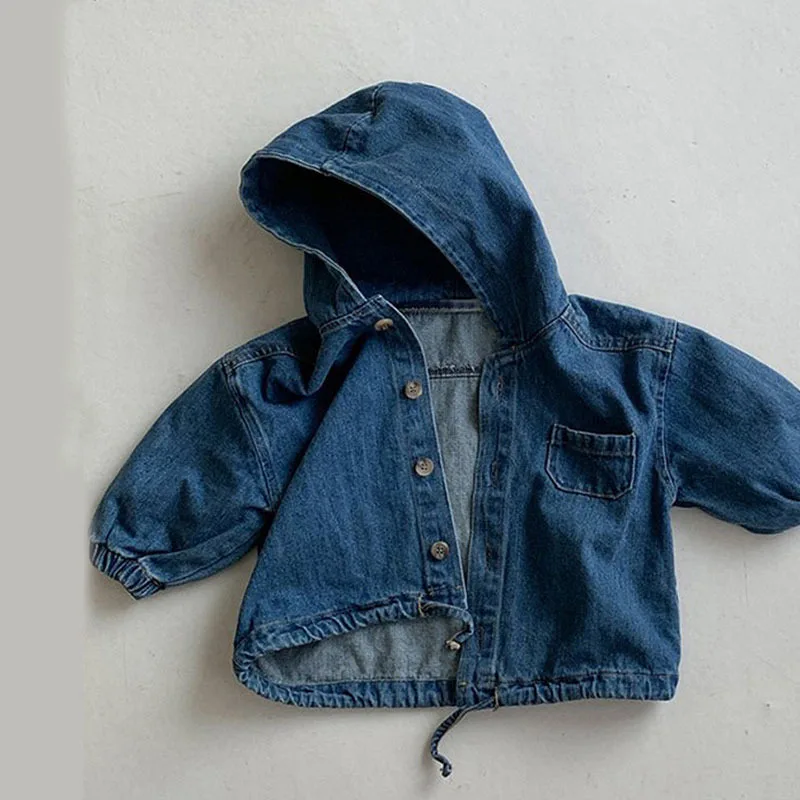 Spring children\'s jacket, boys new style cardigan, fashionable hooded denim jacket, girls solid color corduroy casual jacket