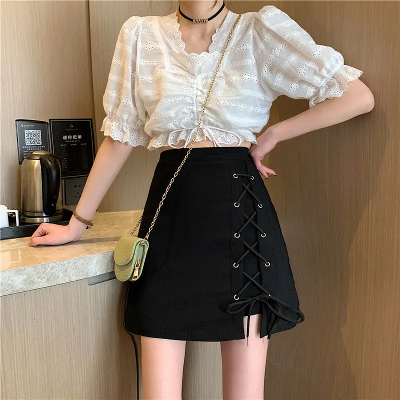 Skirts Women Summer A-line Mini Lace-up High-waist Black Sweet Womens Elegant All-match Korean-style Simple Trendy Asymmetrical