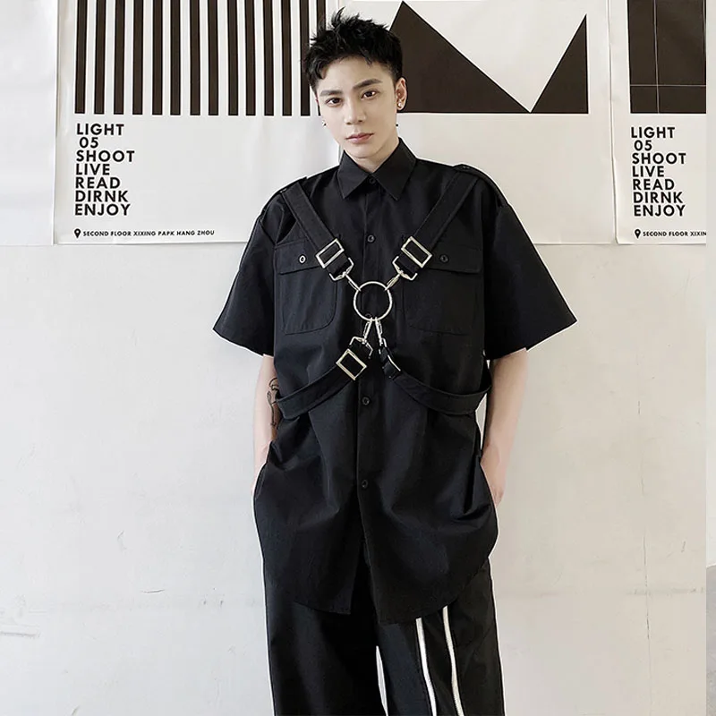 2021 Men Iron Ring Bandage Short Sleeve Casual Loose Shirts Male Japan Streetwear Hip Hop Punk Shirts Stage Clothing