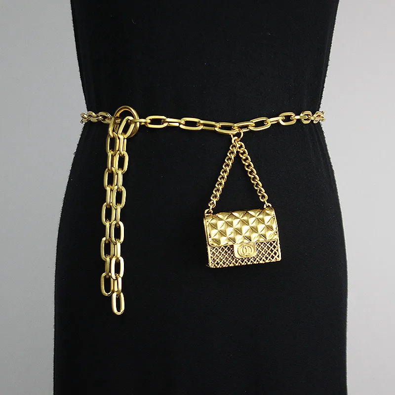 Women's Fanny Pack Belt Metal Golden Chain Mini Bag Lattice Cross Decorative Small Bag Tide Female Purse