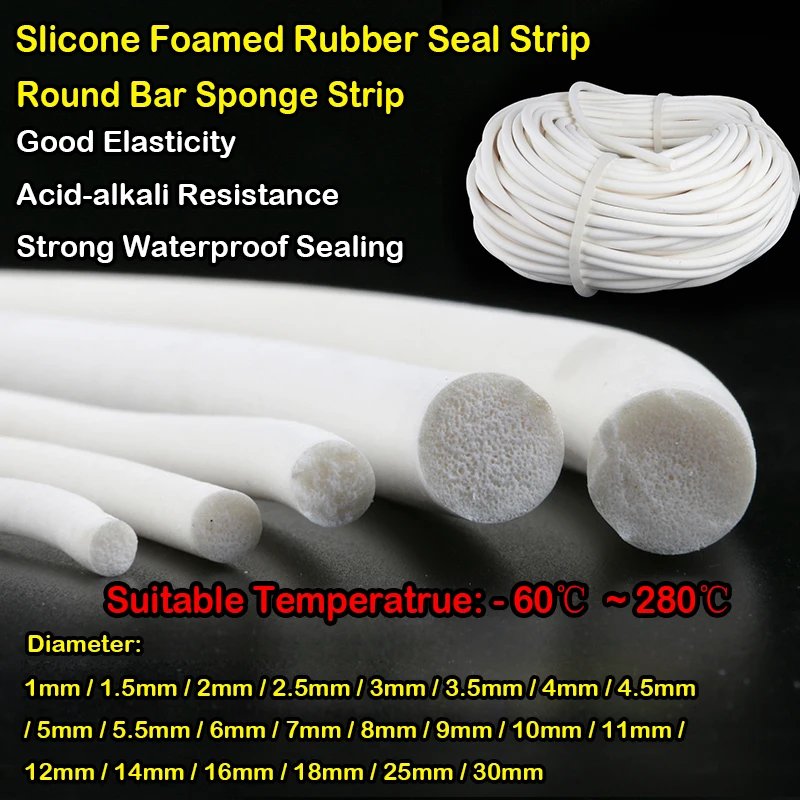 Waterproof Silicone Foamed Rubber Seal Strip Silicon Sponge Cord Round Solid VMQ Foaming Cord Dia.1/2/3/4/4.5/5/6/7/8/9/10-30mm