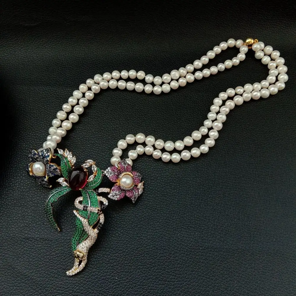 

YYGEM 21 "2 нити cz паве цветок обезьяна позолоченный кулон 8-9 мм белый круглый пресноводный жемчуг ожерелье роскошная свадьба