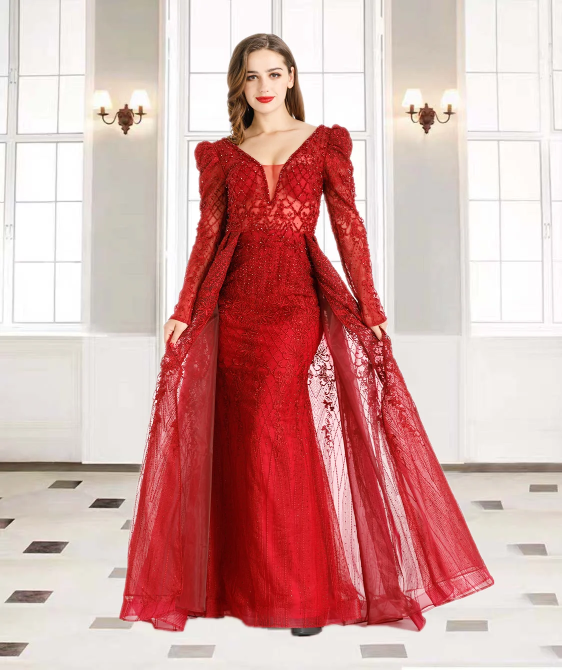 Renda elegante sereia vestidos com trem, mangas compridas, luxo árabe muçulmano Beading, vestidos de Dubai