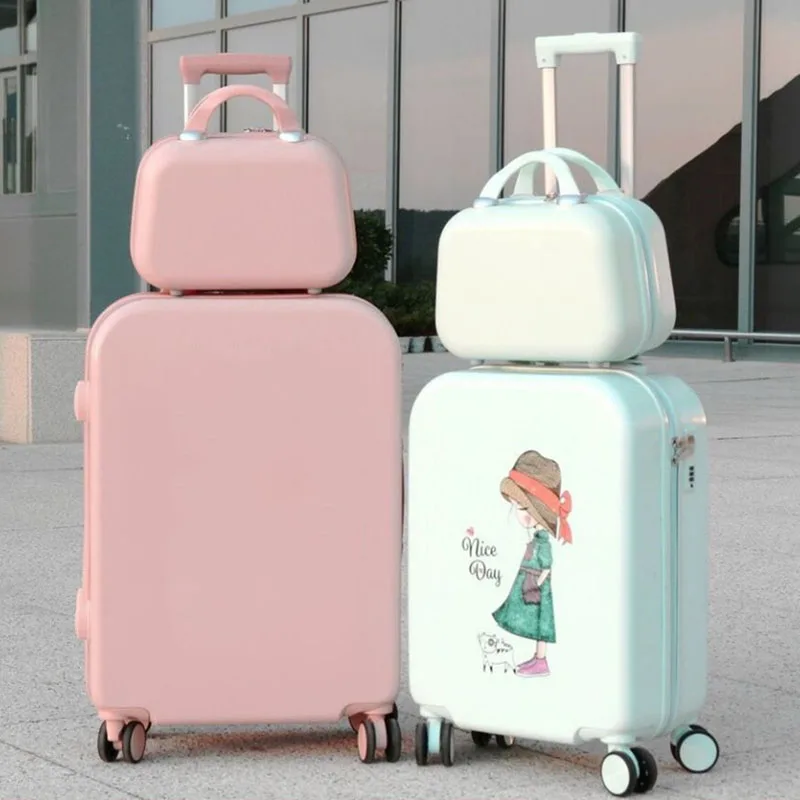 Ensemble de Valises de Voyage Vintage à Roulettes Personnalisées, Valise de Cabine, Bagages à Roulettes, Valise de Dessin Animé Rose, 22 ", 24"