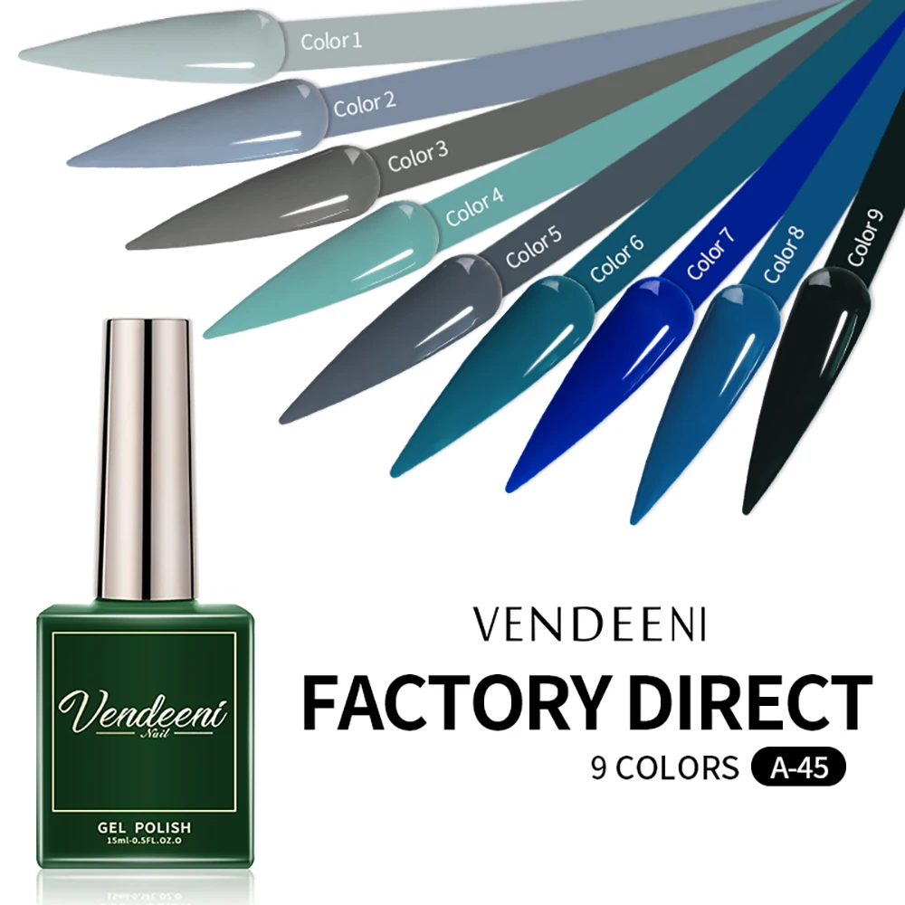 Vendeeni 9 Colors Gel Nail Polish Pure Ocean Blue Series 15ml Varnish Semi Permanent Soak Off UV LED Nail Art Gel Polish