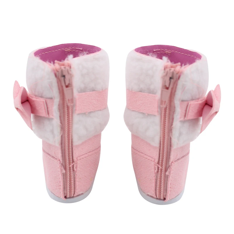 Botas de nieve de felpa rosa con lazo para bebé recién nacido, zapatos de muñeca de moda, accesorios de juguete, regalo para niña, 7cm, 43cm, 18 pulgadas