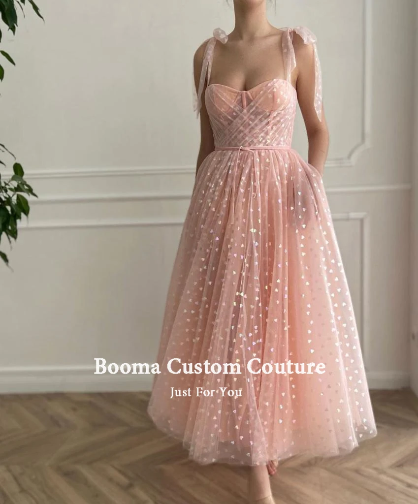 Booma Blush Pink Hearty Evening Dresses 2022 Spaghetti Straps Midi Prom Dresses with Pockets Tea-Length Wedding Party Dresses