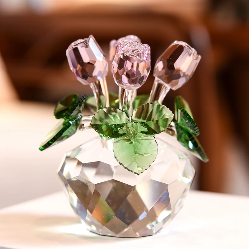 Valentine\'Gift For Her,Crystal Rose Flower Figurines Dreams Ornament Glass Paperweight Lucky Unfading Bouquet Sculpture Home Dec