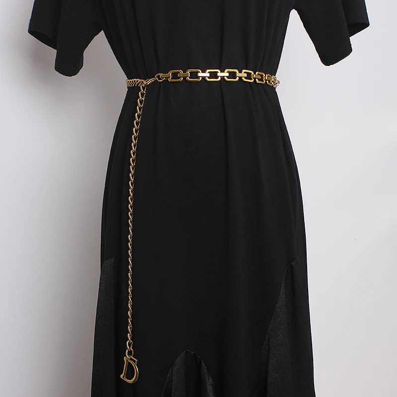 Vintage złota litera oświadczenie talia łańcuch stop metali luksusowe 2021 kobiet pas biodrowy Link Chain Dress Jean pas europejski Cinturon — zdjęcie 4