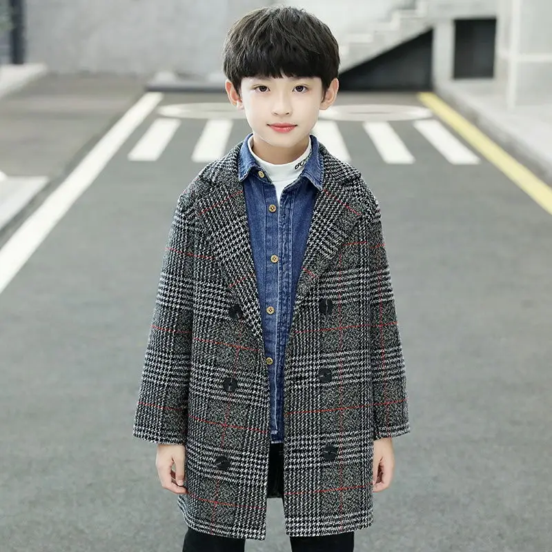 5-14T Boys Woolen Coat For Winter 2021 New Fashion Plaid Turn Collar Thick Warm  Woolen Jacket Gray/khaki High Quality