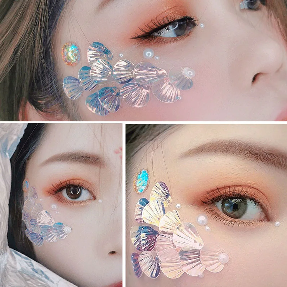 Escamas de pescado, accesorios para ojos, Flash, escamas de sirena, maquillaje de ojos, lentejuelas, pegatinas para las esquinas de los ojos, lentejuelas de concha, pigmento de Gel brillante para la cara